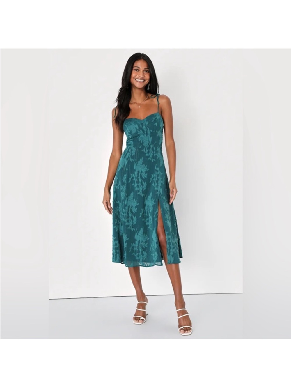 NWT - Lulus Women Loveliest Looks Jacquard Tie-Strap Midi Dress Green Emerald